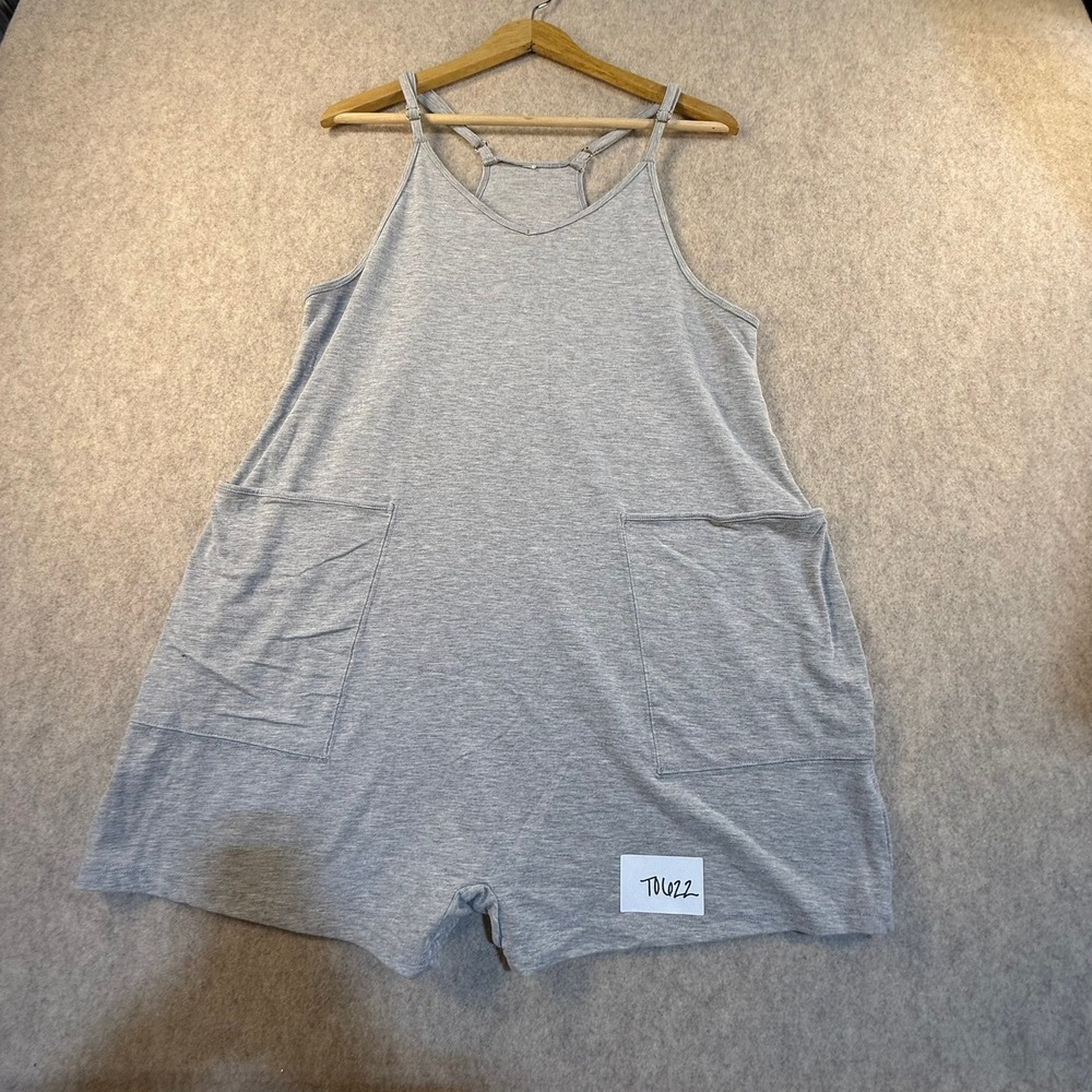 Heather Gray Oversized Jersey Knit Romper V-Neck Adjustable Straps Pockets T0622